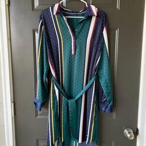 Tommy Hilfiger Belted Midi Multi Color Striped Dress Size L EXCELLENT